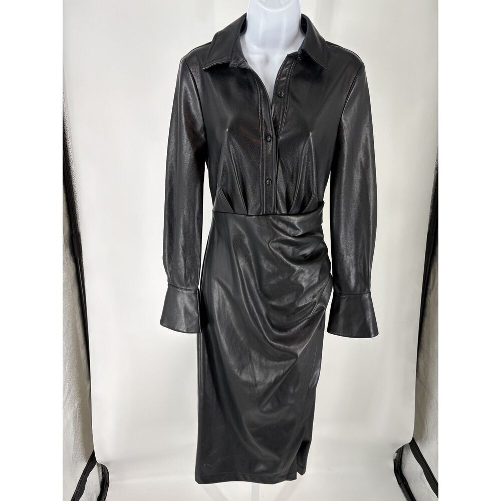 Black Faux Leather Shirt Dress – Long Sleeve Collared Ruched Midi Bodycon